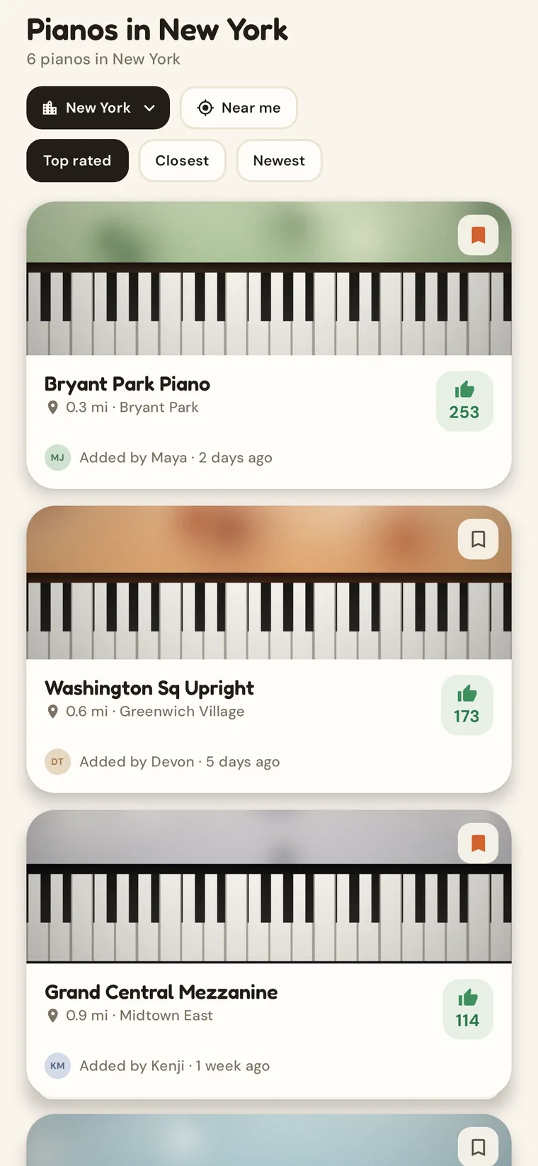 PianoSpot's list of nearby public pianos, each card with a photo, a condition badge and the distance