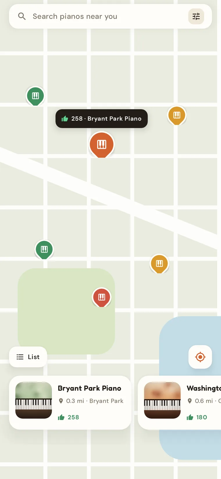 PianoSpot's map tab with condition-colored piano pins and a card for the selected piano